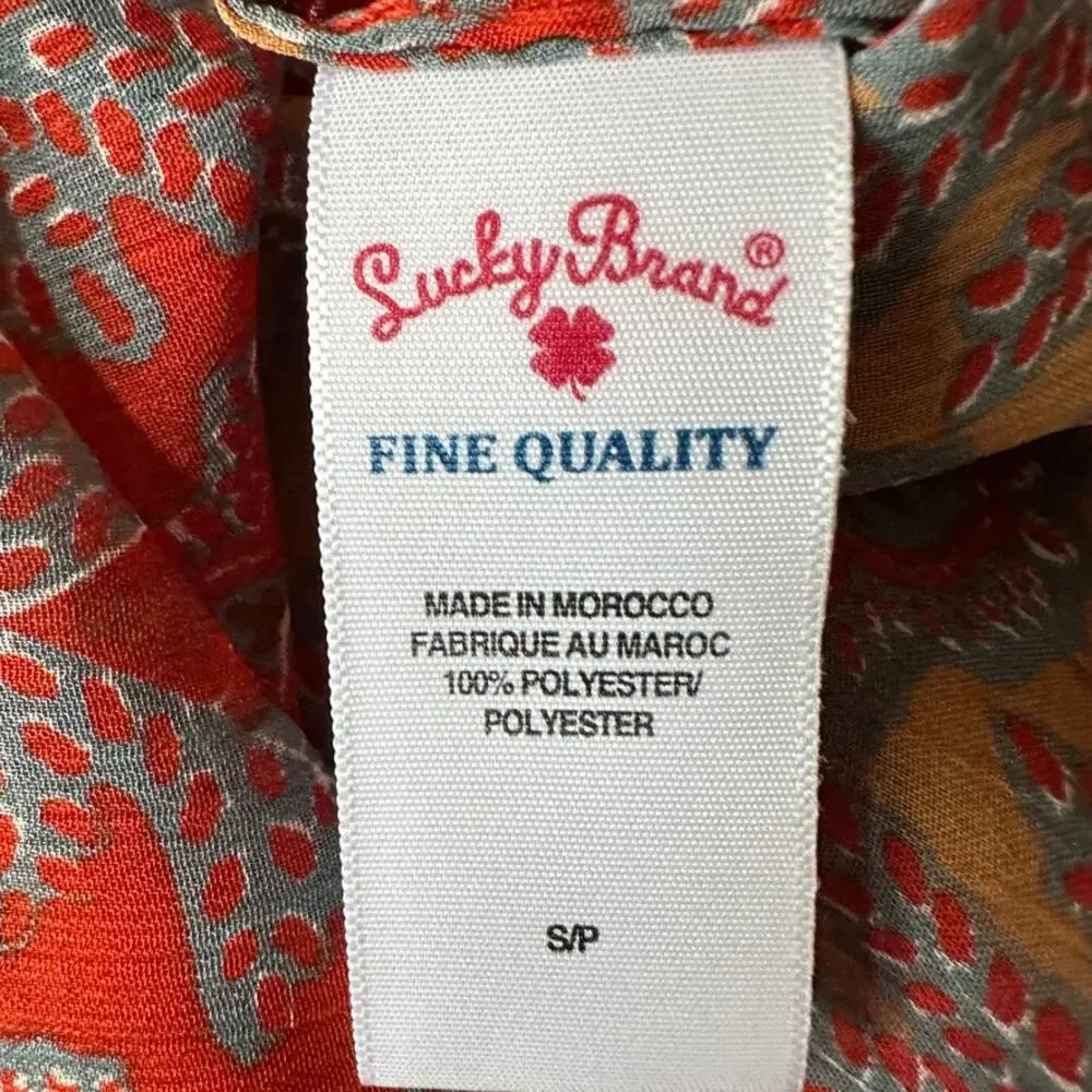 Lucky Brand V-Neck Blouse Semi Sheer Paisley Floral Red Lightweight Sz SMALL - Picture 7 of 9